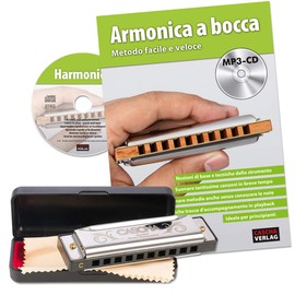 CASCHA Harmonica Beginner Set with Italian School, Learn to Play Blues Harmonica, Includes Case, Cleaning Cloth and Textbook, C Major Harmonica