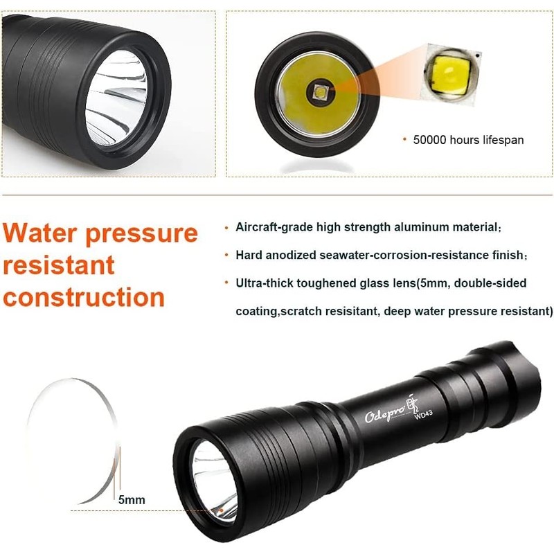 Odepro [492ft Underwater Diving] WD43PRO 1050 Lumens Diving Torch Diving