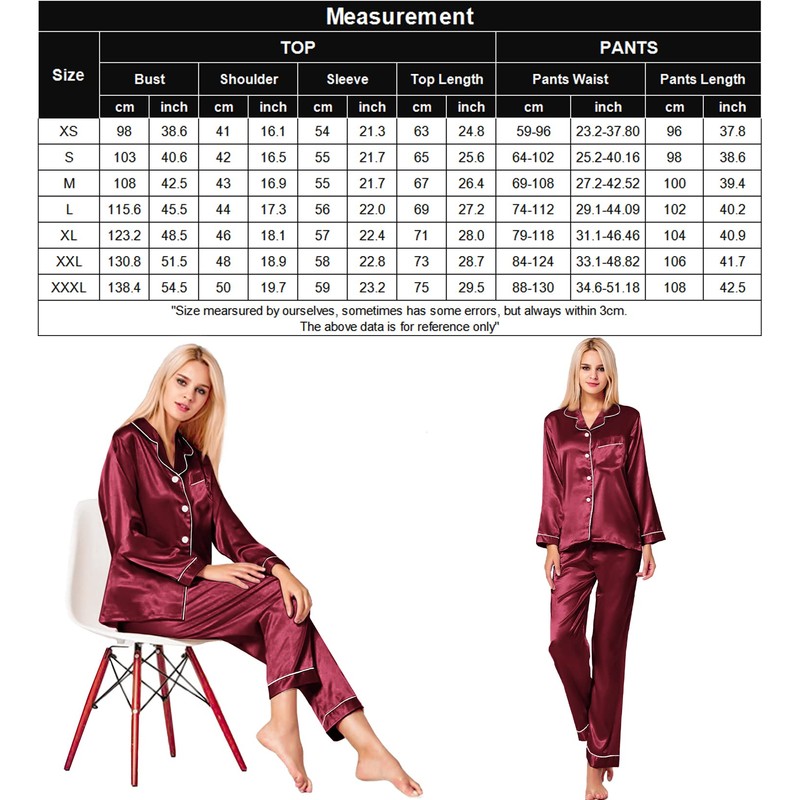 SWOMOG Satin Women's Pyjamas with Button Placket, Long Sleeve Sleepwear,