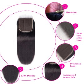 Closure Human Hair 5 x 5 Lace Closure Real Hair Lace Closure Invisible Lisse Straight Cheveux Natural Ondule Natural Hairline Baby Hair 14 Inches