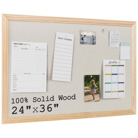 Bulletin Board Cork Board with Linen, 100% Wood Framed 24" x 36" Bulletin Board Decorations, Pin Boards for Walls, Wall Mounted Fabric Picture Board with 10 Pushpins for School, Home & Office, Natural