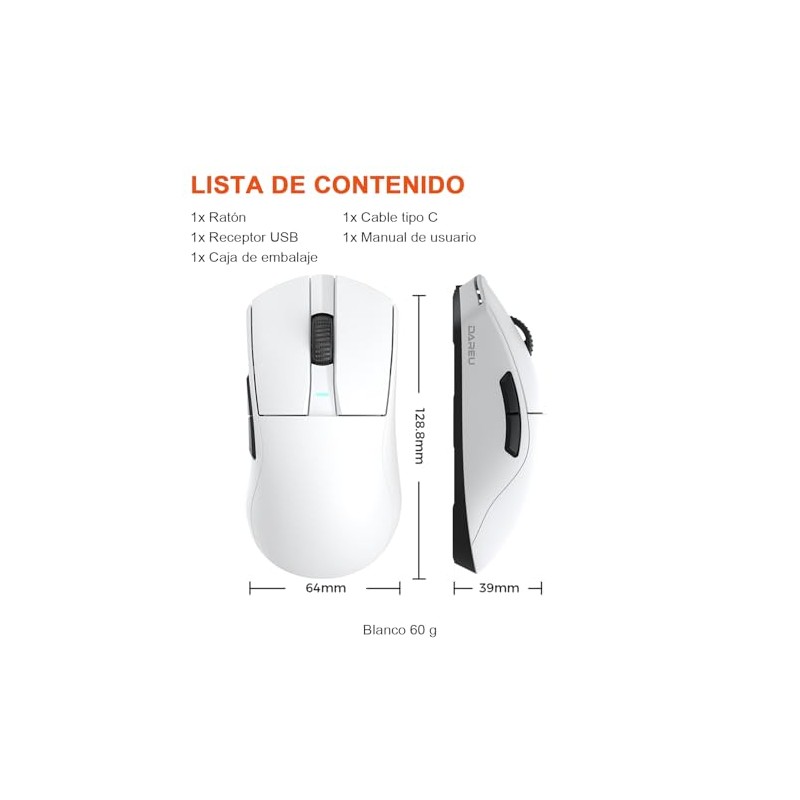 DAREU A950GM Mouse Inalámbrico, Blanco Raton Gamer 60g Ultraligero
