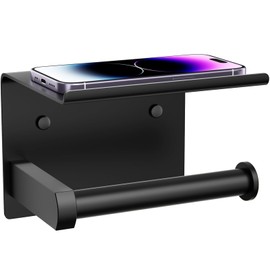 Tindbea Toilet Paper Holder with Phone Shelf, Adhesive or Screw Wall Mount Toilet Tissue Roll Holder, Rustproof & Multifunctional Stainless Steel Bathroom Storage Dispenser (Matte Black)