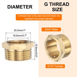 sourcing map 2 Pcs Brass Reducer Hex Bushing G3/4" Male x G1/2" Female Threaded Reducing Pipe Adapter Fitting with PTFE Tape for Plumbing, Fuel Lines, and Pneumatic Systems(16mm/0.6" Length)