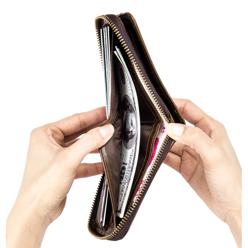 Genuine Leather Men Wallet Zipper RFID Blocking Vintage Bifold Wallets