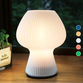 Rechargeable Ribbed Glass Mushroom Table Lamp with Timer, Battery Operated Vintage Aesthetic Led Mushroom Night Light for Bedroom, Cordless Mushroom Desk Lantern Lamp for Outfitters Home Decoration