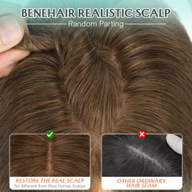 Benehair 100% Remy Human Hair Toppers for Women, 9 * 12CM Silk Base Hairpieces No Bangs 150% Density for Thinning Hair Natural Black 14 Inch