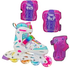 Roller Derby Stryde Youth Adjustable Inline Lighted Wheel Skates with Protective Gear, Adjustable Sizing, Tri-Pack Protective Gear Included