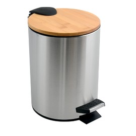 Spirella Adonis Cosmetic Bin 3 Litres Stainless Steel Bamboo with Soft-Close Mechanism and Inner Bucket Bathroom Bin Soft Close Waste Bin Silver
