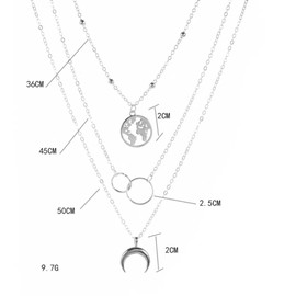 Sterling Silver Layered Necklace Set, World Globe Charm, Crescent Moon Pendant, Circle Links