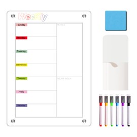 Magnetic Fridge Planner, 7.8'' x 11.8'' Magnetic Whiteboard for Fridge, Clear Acrylic Weekly Calendar Board with 6 Markers, Dry Erase Board, and Pen Holder for Meal Planning, Shopping Lists, and Memos