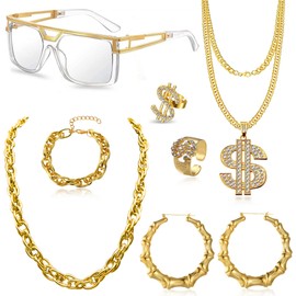 YANJINMY 90s Accessories Outfit for Women 80s Hip Hop Costume Kit Old School Rapper Sunglasses Large Bamboo Hoop Earring Gold Rope Chain Necklace Bracelet Dollar Necklace Rings Jewelry Set