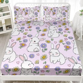 AILONEN Rabbit Fitted Sheet Set - Twin XL Size, Kawaii Bunny Bed Sheet Set, Kids Girls Floral Rabbit Sheets Set, Cute Pink Bed Sheet Set - 1 Fitted Sheet and 2 Pillowcases