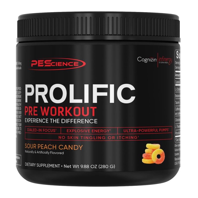 PEScience Prolific - Polvo para pre-entrenamiento, caramelo de melocotón