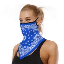 YAYOUREL Blue Boho Floral Bandana Neck Gaiter Face Mask Covering Bandanas for Men Women Summer UV Cooling Face Scarf Mask Cover Ear Loop Hole Triangle Facemask Headbands for Fishing Running Cycling