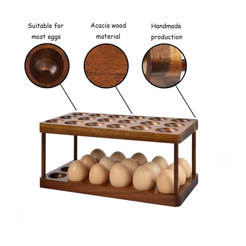 Acacia Wooden Double Layer Egg Holder, 36 Capacity Farmhouse Kitchen
