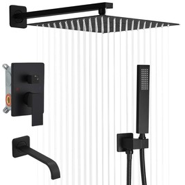Heable Matte Black Shower Faucet Set with Tub Spout Bathroom Rainfall 10 Inch Shower Head System with Handheld Single Handle Shower Trim Kit with Rough-in Valve