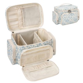 Cosmetic Bag Large Travel Make Up Bag Women's Makeup Bag with Brush Holder Compartment, Portable Makeup Bag Organiser, Blue flowers, Large cosmetic bag