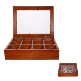 Wooden Tea Bag Storage Box with 12 Compartments, Plexiglass Lid, Vintage Style