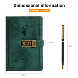ZukoCert Journal With Lock A5 PU Leather Diary With Lock 240 Pages, Retro Journal With Lock And Key To Protect Your Privacy, Unisex.（Deer Head Style, Green）