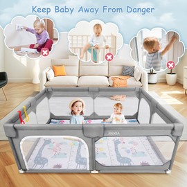 JINXIA Baby Playpen with Mat 75"*59", Large Play Pen for Babies and Toddlers with Soft Breathable Mesh, Climb-Proof Anti-Fall Baby Playpen, Sturdy Safety Play Yard for Indoor Outdoor Fun, Grey