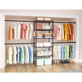 Ulif M2 Closet Organizer System, 5.9 Feet Height Mounted to the Wall Garment Rack with 4 Expandable Hanger Rods, 5 Shelves in 23.6" L x 14.5" W, Suit Total Space from 5.8-8.8 ft, Black