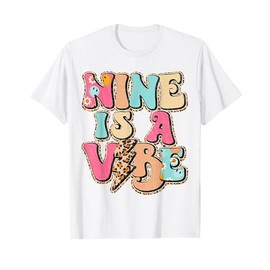Nine Is A Vibes Groovy Retro Leopard 9th Birthday Kids Girl T-Shirt