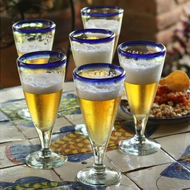 NOVICA Artisan Crafted Hand Blown Recycled Glass Clear Cobalt Blue Rim Cocktail Glasses, 8 oz 'Bohemia' (set of 6)