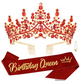 ATODEN Red Tiara Crown Birthday Queen Sash Tiaras and Crowns for Women Girls Crystal Princess Tiara Rhinestone Headbands Quinceanera Crown Headpieces Happy Birthday Decorations Accessories for Wedding