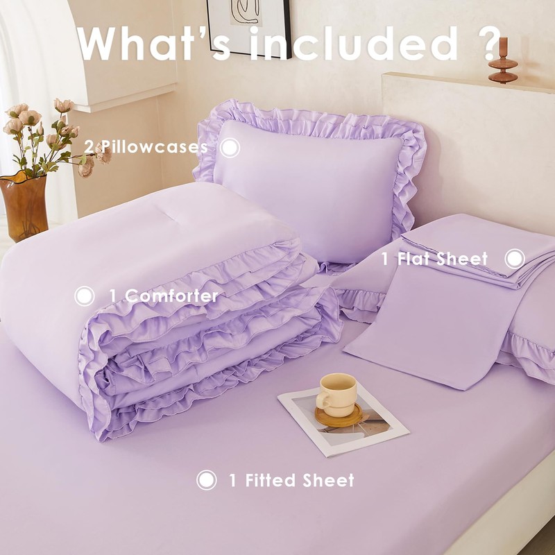 PERFEMET Lavender Ruffled Full Comforter Set Purple Ruffle Comforter Shabby