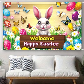 Wuhetyo Happy Easter Banner Backdrops for Photography 71"X45"Bright-Coloured Easter Photo Props Cute Bunny Egg Backdrops for Spring Banners Party Decorations
