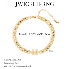 Jwicklirrng M Initial Bracelet for Men 18K Gold Plated Letter Charm Bracelet Letter A-Z Charm Adjustable Cuban Link Chain Bracelet for Boyfriend Father