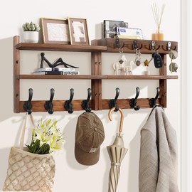 29" Coat Rack Wall Mount with Shelf, Pine Two-Tier Wall Shelf Mounted Coat and Key Hanger with 7 Heavy Duty Hooks 4 Key Hooks, Entryway Key Holder with Mail Holder for Bedroom,Living Room (Brown)