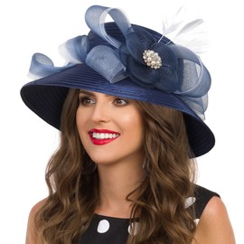 Wimdream Women Church Hats Kentucky Derby Wedding Dress Satin Ribbon Hat Navy Blue
