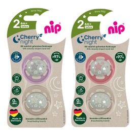 Now even more tooth-friendly: nip Cherry dummy, glow in the dark, flat cherry shaped teat made of natural rubber, breastfeeding-friendly, BPA-free, sustainable, from 6 months, pack of 4, purple/red