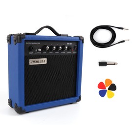 Demusea 20W Pro Electric Guitar Blue Amplifier Amp Practice Small Portable Travel Mini with Headphone Jack Aux Distortion Gain Treble Bass Volume Jack With 3 Meters Cable Audio Adapter Guitar Picks