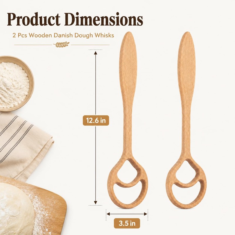 2 Pcs Wooden Danish Dough Whisks for Sourdough Bread, 12.6