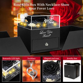 FOCIE Preserved Black Real Rose -Eternal Flowers Rose Gifts for Mom Grandma Wife Girlfriend on Mothers Day Valentines Day Gifts for Her Christmas Birthday Anniversary-with I Love You Necklace