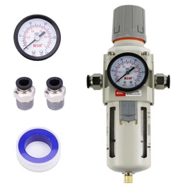 RIH Pneumatics 1/2"NPT Air Filter Pressure Regulator Combo Piggyback, 5 Micron Brass Element, Poly Bowl, Semi-Auto Drain, Metal Bracket, 0-150 psi Gauge Air Tool Compressor Filter with Gauge (1/2"NPT)