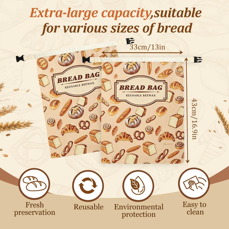 zxevg Beeswax Bread Bags 2 Pack 17x13 Inch Reusable