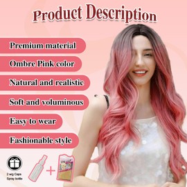 xrngrng Long Ombre Pink Wavy Wig 26 Inch Middle Part Curly Lace Hairline Wig for Women Synthetic Heat Resistant Fibers Wig for Daily Party Use (Ombre Pink)
