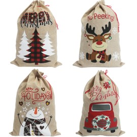Christmas Sacks 35 x 50 cm Medium - Christmas Gift Bags Hessian Drawstring 4 Designs: Snowman, Reindeer, Tree, Car, Pack of 4