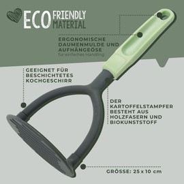 Fackelmann Ecolution Potato Masher - Wood Fibre and Organic Plastic Masher - 25 cm x 10 cm Kitchen Masher in Mint Green/Stone Grey