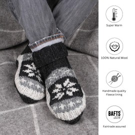 Pachamama Men 100% Wool Lined Sofa Socks Handknitted Fair Isle Charcoal Large 8-11 Handmade Extra Warm