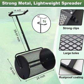 Compost Spreader, 24 Inch Peat Moss Lawn Spreader with U Shaped Handle,Heavy Duty Top Soil Fertilizer Spreading Tool for Planting Seeding Lawn Garden Care,Light Weight Metal Mesh Manure Roller