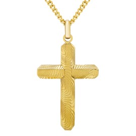 Boston Bay Diamonds Men's Cross Pendant Necklace in Yellow Ion-Plated Damascus 316L Steel on 24” Yellow Curb Chain