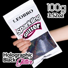 LEOBRO 100g / 3.5 oz Black Glitter, Holographic Fine Glitter for Crafts, Resin, DIY Jewelry Keychains Flowers Party Decorations