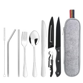 Travel Cutlery Camping Cutlery To Go, 9-Piece Stainless Steel Cutlery with Cutlery Bag, Portable Camping Cutlery, Camping Cutlery Set, Camping Utensils Set for Travel, Camping, Outdoor Activities
