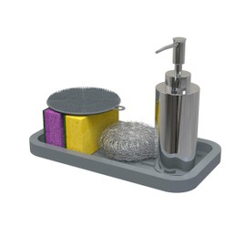 Spülorganizer Schwammhalter - Spülbecken Organizer aus biofreundliches Silikon - Deko Grau Küchenorganizer Küchenhelfer mit Stauraum für Küchen Zubehör, Aufbewahrung, Spüle, Schwamm, Löffelablage