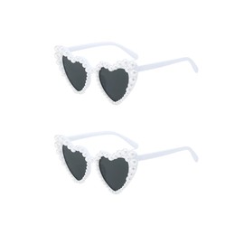 VGRDTW 2 Pack Heart Sunglasses, Pearl Embellished White Frame Vintage Heart Shaped Glasses Retro Cat Eye Love Glasses Fashion Funky Eyewear for Women Party